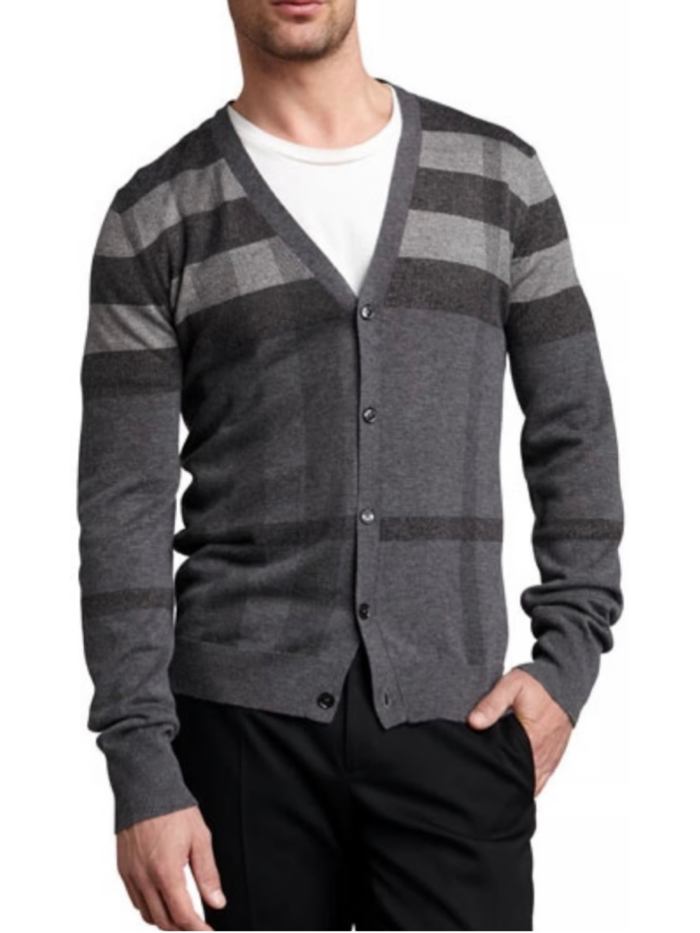Vintage Burberry Cardigan Sweater Gray Plaid Wool Cashmere Silk Size Medium
